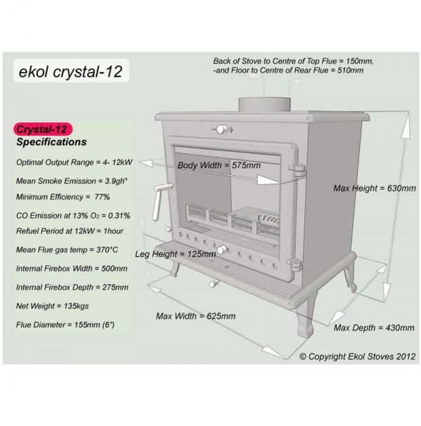 Ekol Crystal 12 woodburning stove 12kw specifications
