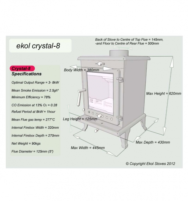 Ekol Crystal 8 woodburning multi fuel stove specifications